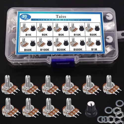 Miniatura 6 de Taiss Kit de potenciómetro de 40 piezas con perillas giratorias, WH148 B1K 2K 5K 10K 20K 50K 100K 250K 500K 1M Ohm Potenciómetros Surtido