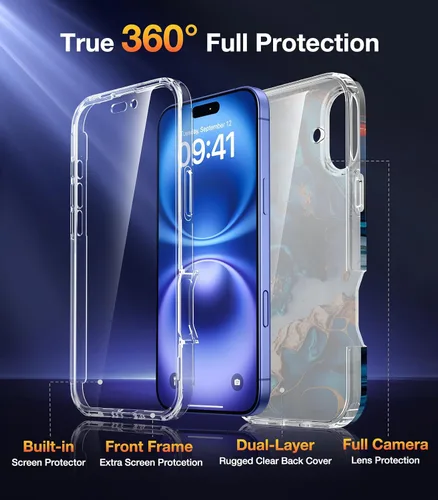 Miniatura 553 de Diaclara Funda diseñada para iPhone 16, mejorada [protección completa de la cámara], carcasa resistente de cuerpo completo con protector de pantalla