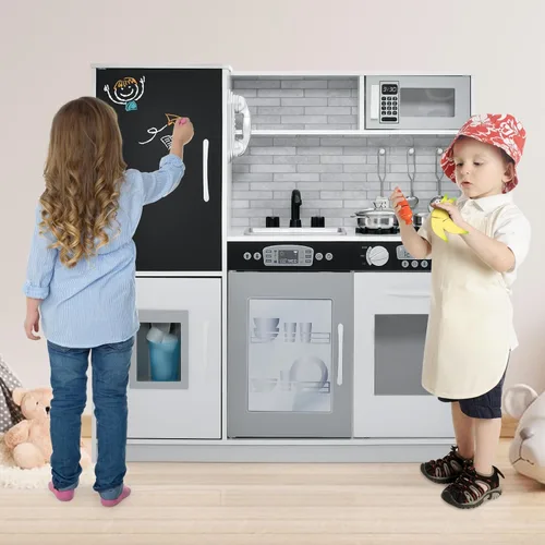 Miniatura 2 de MAT EXPERT Juego de cocina para niños, cocina de juguete de chef de madera con pizarra, máquina de hielo, accesorios de utensilios de cocina, Blanco