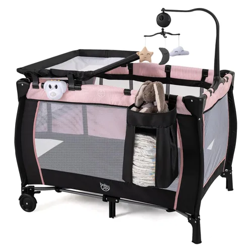 Miniatura 14 de BABY JOY 3 en 1 Pack and Play, Corralito Portátil para Bebé con Moisés, Mesa Cambiadora, Ruedas Bloqueables, Caja de Música Luminosa, Cuna Moisés