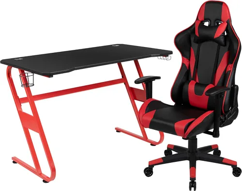 Miniatura 38 de Flash Furniture Juego de escritorio para juegos negro y silla de carreras blanco/negro con soporte para tazas, gancho para auriculares y soporte