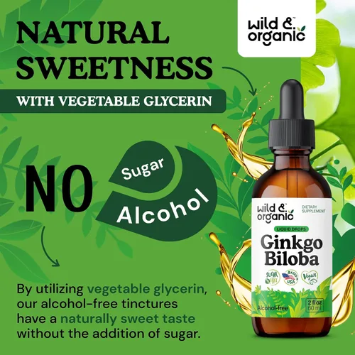 Miniatura 6 de Wild & Organic Tintura de ginkgo biloba, apoyo para el cerebro y la concentración con suplemento de hoja de ginkgo, tintura de extracto de hierbas
