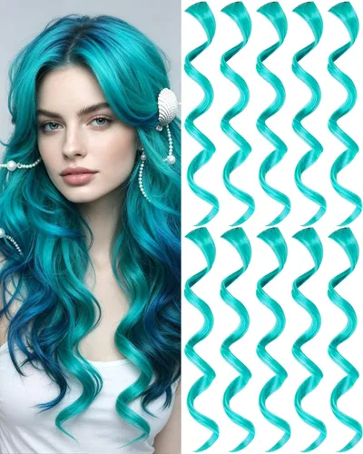 Miniatura 10 de 10 extensiones de cabello sintético rizado y ondulado negro con clip, reflejos de fiesta de neón arcoíris, accesorios de cabello coloridos