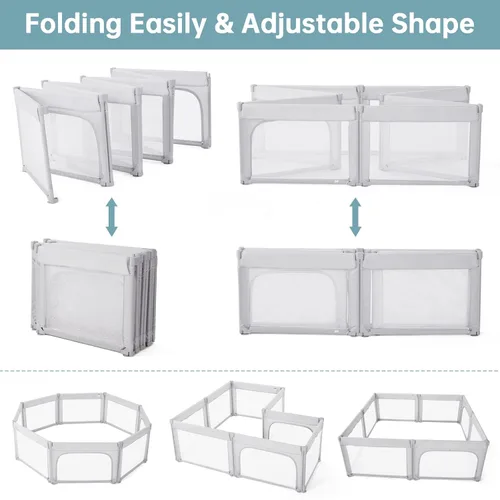 Miniatura 3 de Dora dotey Corralito gris claro para bebés y niños pequeños, plegable y ajustable, 71 x 59 x 27 pulgadas Plegable Gris Claro