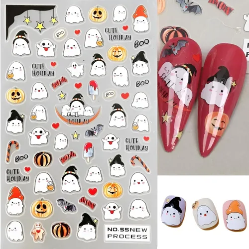 Miniatura 7 de 6 hojas de calcomanías de arte de uñas de Halloween, lindas calcomanías de fantasma, 3D, autoadhesivas, telaraña, murciélago, calabaza, decoración