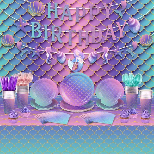 Roshtia 172 piezas de suministros para fiesta de cumpleaños de sirena, sirven 24 platos bajo el mar, servilletas, color rosa y morado, pancarta de