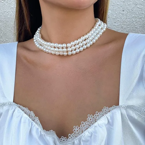 Miniatura 3 de Jumwrit Gargantilla de perlas, collar de perlas en capas, accesorios de disfraz, collar con cierre de palanca para mujeres y niñas, Metal
