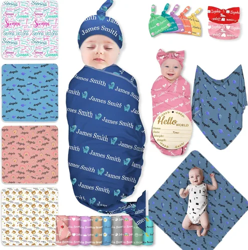 Manta personalizada para bebés y niños, manta con nombre personalizado para recibir con diadema de lazo y sombrero, artículos personalizados para