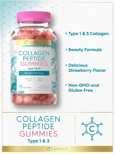 Miniatura 4 de Carlyle Gomitas de colágeno Suplemento de belleza con sabor a fresa Péptidos de colágeno para mujeres y hombres Tipo 1 y 3 Sin OMG, sin