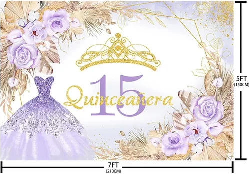 Miniatura 5 de AIBIIN Telón de fondo de quinceañera de 15 cumpleaños de 7 x 5 pies para niña dulce, bohemio, morado con purpurina Mis Quince Anos, fondo