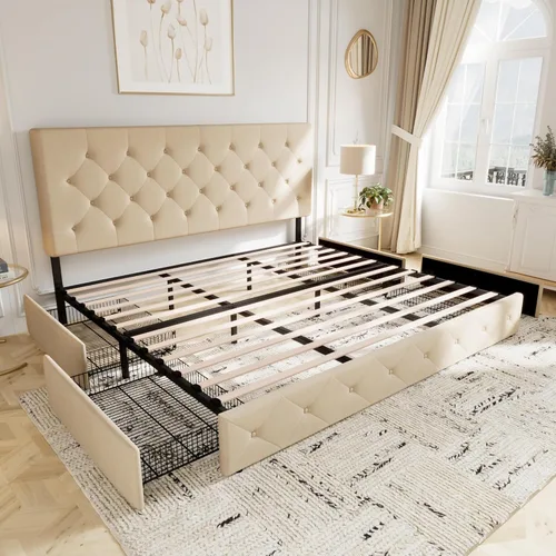 Miniatura 8 de Allewie - Base de cama con plataforma tamaño King, tapizada, con 4 cajones de almacenamiento y cabecera, diseño tapizado cosido en forma de diamante