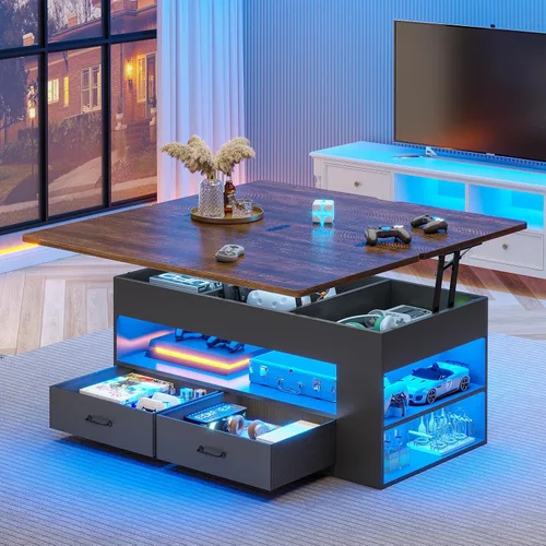 Miniatura 9 de Itaar - Mesa auxiliar con tapa elevable, mesa de centro 4 en 1 con almacenamiento y compartimento oculto, mesa de centro de estilo granja con 2