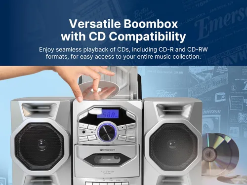 Miniatura 6 de Emerson Reproductor de CD portátil Boombox con reproductor de cassette, grabadora de cinta, radio AM/FM, entrada AUX, altavoces desmontables