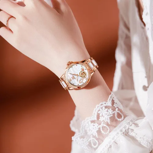 Miniatura 3 de OLEVS Relojes para mujer, de cuerda automática, oro rosa, diamante, reloj de pulsera mecánico automático, acero inoxidable, dos tonos, pulsera