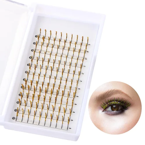 Extensiones de pestañas postizas con purpurina, pestañas postizas para extensiones de pestañas, rizo D, pestañas para cosplay, pestañas Dorado