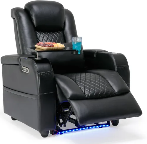 Airadlis Asientos de cine en casa, sillas de cine de doble potencia, sofá reclinable de teatro con iluminación ambiental de 7 colores, almohada