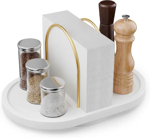 Miniatura 9 de Servilletero para mesa, dispensador giratorio con salero y pimentero, soporte de bambú, almacenamiento rústico de servilletas de metal para mesa