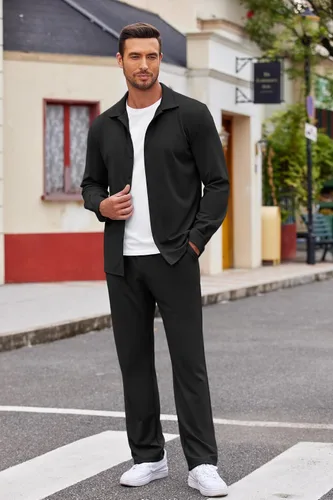 Miniatura 3 de COOFANDY Conjunto de 2 piezas para hombre, camisa de manga larga con botones, sin arrugas, camisas elásticas