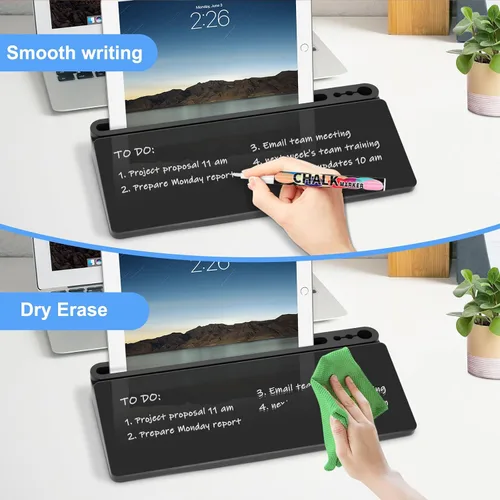 Miniatura 5 de Pizarra blanca de cristal de escritorio con almacenamiento, tablero de escritorio con soporte para teclado de computadora, pizarra blanca de borrado