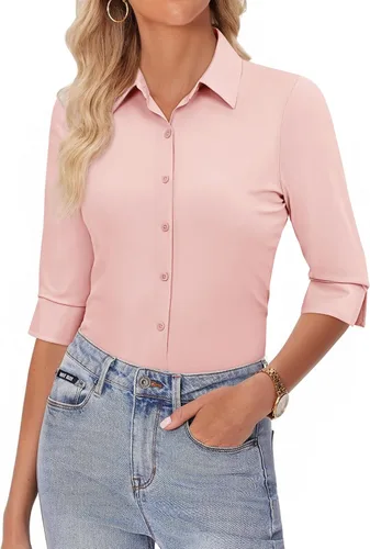Miniatura 7 de siliteelon Camisas con botones para mujer, manga 3/4, elástica, ajustada, sin arrugas, cuello para negocios, trabajo, tops