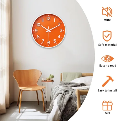 Miniatura 4 de HZDHCLH Reloj de pared con pilas, reloj de pared naranja, reloj de pared de 8 pulgadas, silencioso, sin tictac, números 3D modernos para cocina