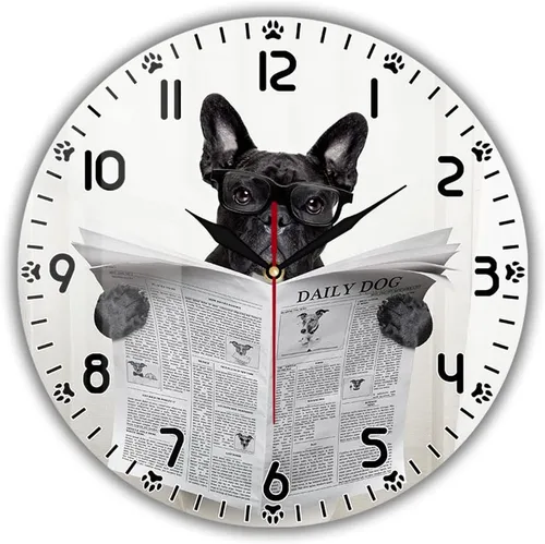 Reloj de pared divertido de perro bulldog francés de 12 pulgadas para tienda de mascotas, batería silenciosa sin tictac, fácil de leer periódico