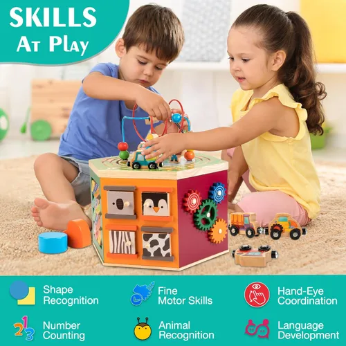 Miniatura 9 de Cubo de actividades grande, centro de juego de madera con temática de granja 9 en 1, juguete Montessori multiusos para bebés, niños pequeños y niños