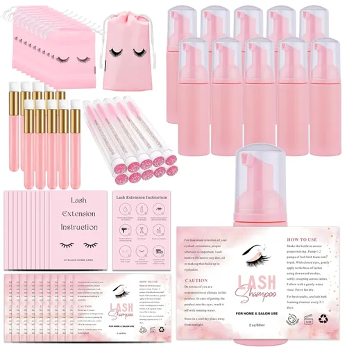 Juego de 60 botellas y cepillos de champú para pestañas, 10 dispensadores de bomba de espuma, cepillo de limpieza de pestañas, cepillo de tubo de