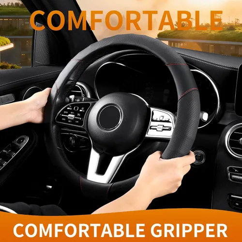 Miniatura 3 de Funda para volante, universal de 15 pulgadas, protector de volante de cuero sintético antideslizante, transpirable y compatible con calefacción