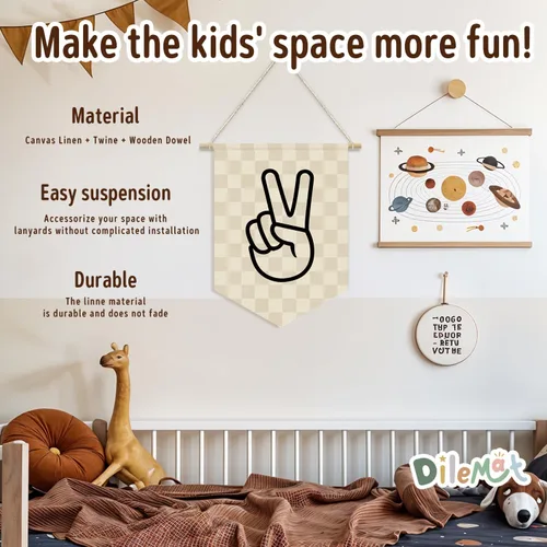 Miniatura 2 de Banderín de Lino con Signo de Paz a Cuadros para Decoración, Bandera Colgante de Pared para Sala de Juegos, Habitación de Niños, Guardería, Sala
