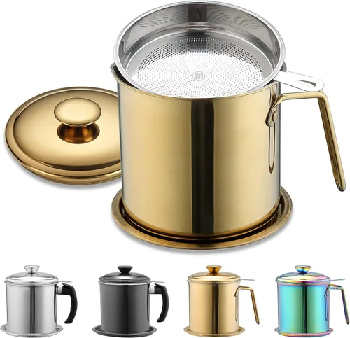 Miniatura 8 de Berglander Recipiente de grasa de tocino con colador de 47 oz/1.4 L, recipiente de almacenamiento de aceite de acero inoxidable con filtro de malla