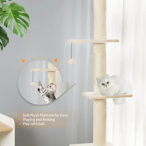 Miniatura 4 de Árbol para gatos de piso a techo, torre para gatos con altura ajustable de 98-110 pulgadas, árbol para gatos de 5 niveles con cama acogedora