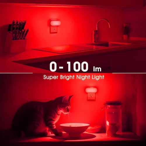 Miniatura 7 de DORESshop Luz nocturna roja, encendido/apagado automático, brillo ajustable de 0-100 LM, luz nocturna regulable con sensor de luz que se enchufa a