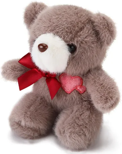 Miniatura 2 de Oso de peluche de 11.9 cm con corazón y corbata de lazo bordada, oso de peluche rosa en forma de corazón para novia, novio (marrón)