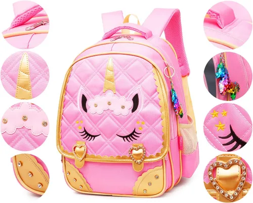 Miniatura 3 de Moonmo Lindo unicornio cara de lentejuelas de diamante impermeable princesa mochila escolar para niñas