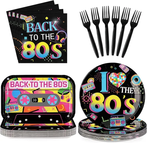 96 piezas de decoraciones de fiesta de los años 80, platos temáticos y servilletas de los 80, juegos de vajilla retro coloridas de hip hop para