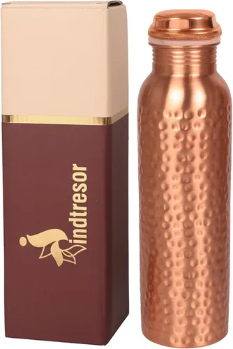 Botella de agua de cobre puro – Hecho a mano – Beneficios para la salud Ayurveda – Grande 34 oz – A prueba de fugas, fácil de llevar para deportes,