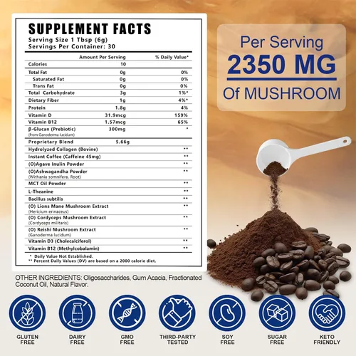 Miniatura 2 de Café de hongos, café instantáneo orgánico con melena de león, reishi, cordyceps, colágeno, β-glucano (prebiótico) para concentración, energía, apoyo