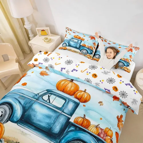 Miniatura 3 de Erosebridal Funda de edredón de calabaza con dibujos animados para automóvil, juego de ropa de cama de calabaza azul para niños pequeños, funda