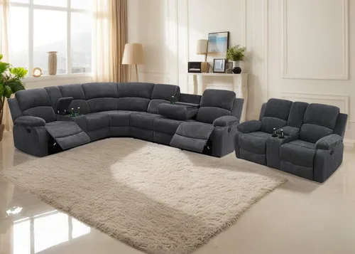 Miniatura 16 de Juego de sofá seccional reclinable manual, juegos de muebles de sala de estar de cuero regenerado en forma de L, sofá de esquina seccional