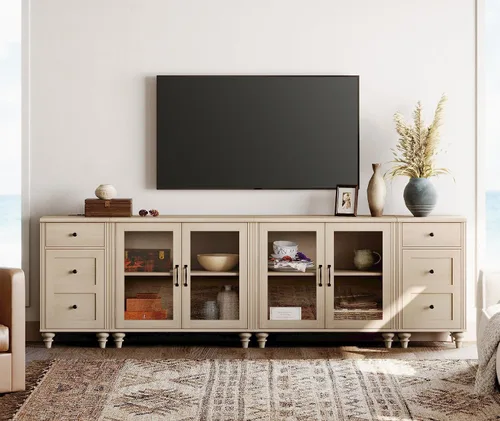 Miniatura 12 de WAMPAT Soporte de TV grande para TV de 100 pulgadas, mesa consola de TV vintage para TV de 85, 90 y 95 pulgadas, centro de entretenimiento con Blanco