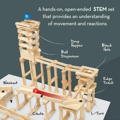 Miniatura 6 de MindWare KEVA Contraptions, juego de construcción de bloques de madera, kit de carrera de mármol, incluye 2 bolas - 400 tablones