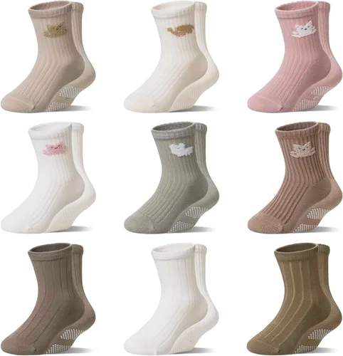 WEVIAS Calcetines para bebés y niños con agarre antideslizante de algodón, calcetines antideslizantes para infantes, niños y niñas, 9 pares