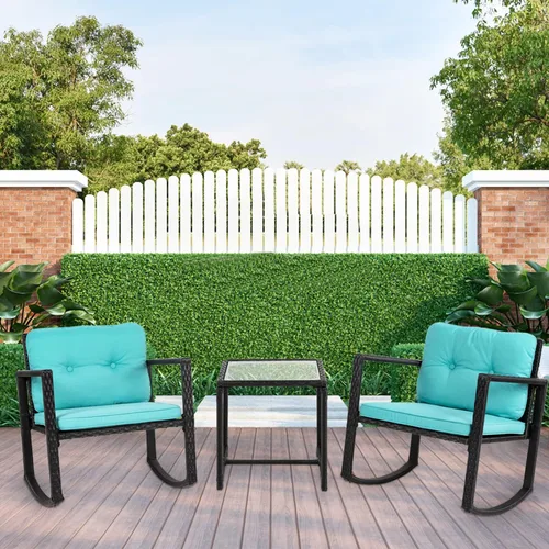 Miniatura 2 de Juego de 3 piezas de bistró mecedora para exteriores, muebles de ratán para patio, sillas mecedoras de mimbre con cojines azules y mesa de centro