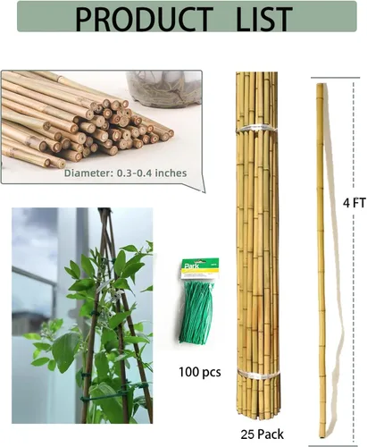 Miniatura 2 de Estacas de bambú de 4 pies con 100 bridas giratorias, estacas de jardín de bambú natural para tomates, pepino, uvas, judías, árboles, flores