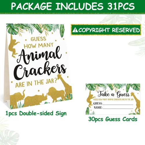 Miniatura 2 de Bessmoso Juego Safari Baby Shower – Adivina cuántas galletas de animales, juegos de baby shower con temática de selva con letrero de pie y 30