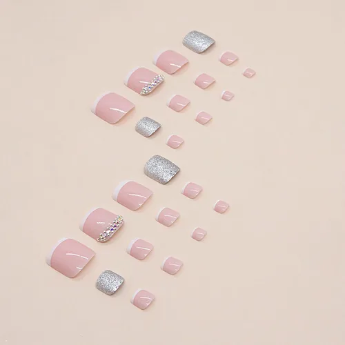 Miniatura 4 de Uñas postizas acrílicas artificiales negras para los dedos de los pies, ataúd a presión con diseños de flores blancas, uñas postizas reutilizables