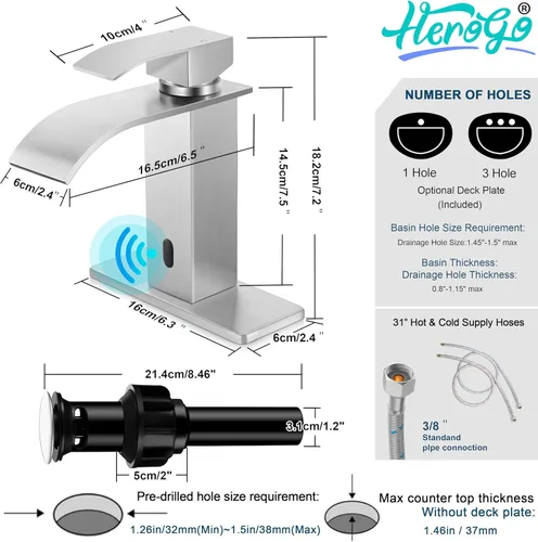Miniatura 2 de Herogo Grifo de lavabo de baño sin contacto, sensor automático de níquel cepillado, cascada de acero inoxidable con drenaje desplegable de latón