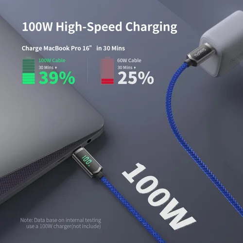 Miniatura 2 de SOOPII Cable USB C a USB C de 100 W, cable trenzado tipo C de nailon de 1 pie con pantalla LED para iPhone 15/15 Pro/15 Plus/15 Pro Max, MacBook