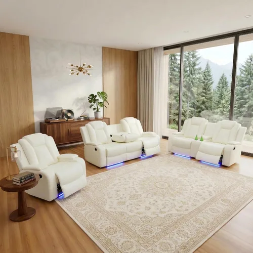 Miniatura 29 de Juego de sofá reclinable eléctrico, sofá reclinable de cuero de aire con LED/portavasos/almacenamiento, 2 muebles de sala de estar, sofá de cuero